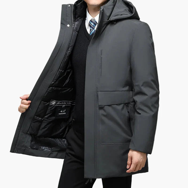 Manteau d'hiver homme élégant style business, veste longue à capuche pour usage professionnel et quotidien