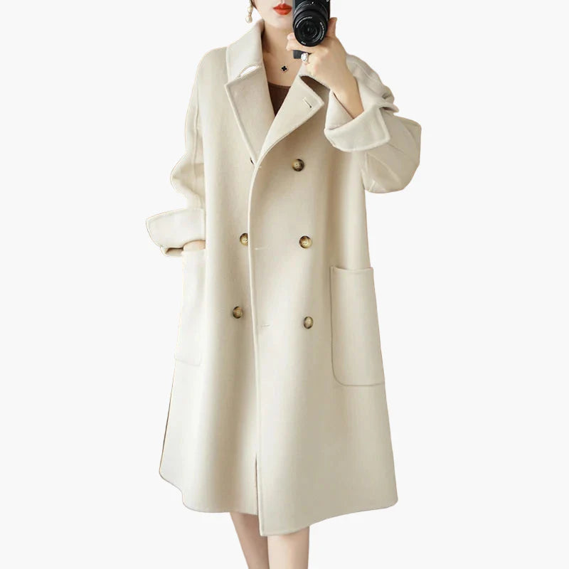 Manteau long femme élégant à double boutonnage style urbain chic
