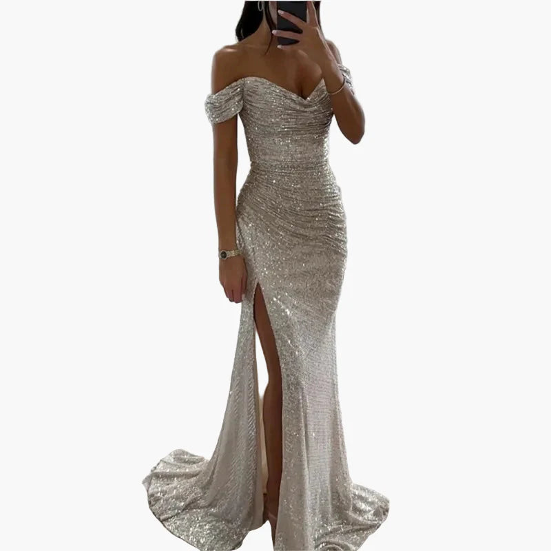 Robe de soirée longue femme fendue épaules dénudées style glamour pour bal ou cérémonie