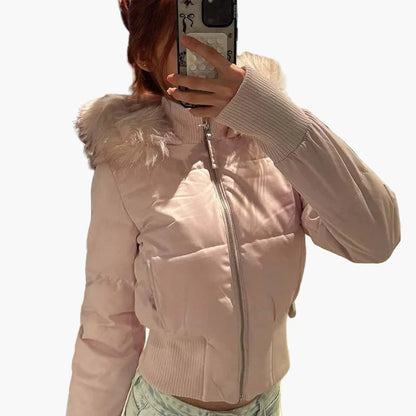 Veste doudoune femme style urbain à capuche, coupe cintrée et col en fausse fourrure pour l'automne et l'hiver