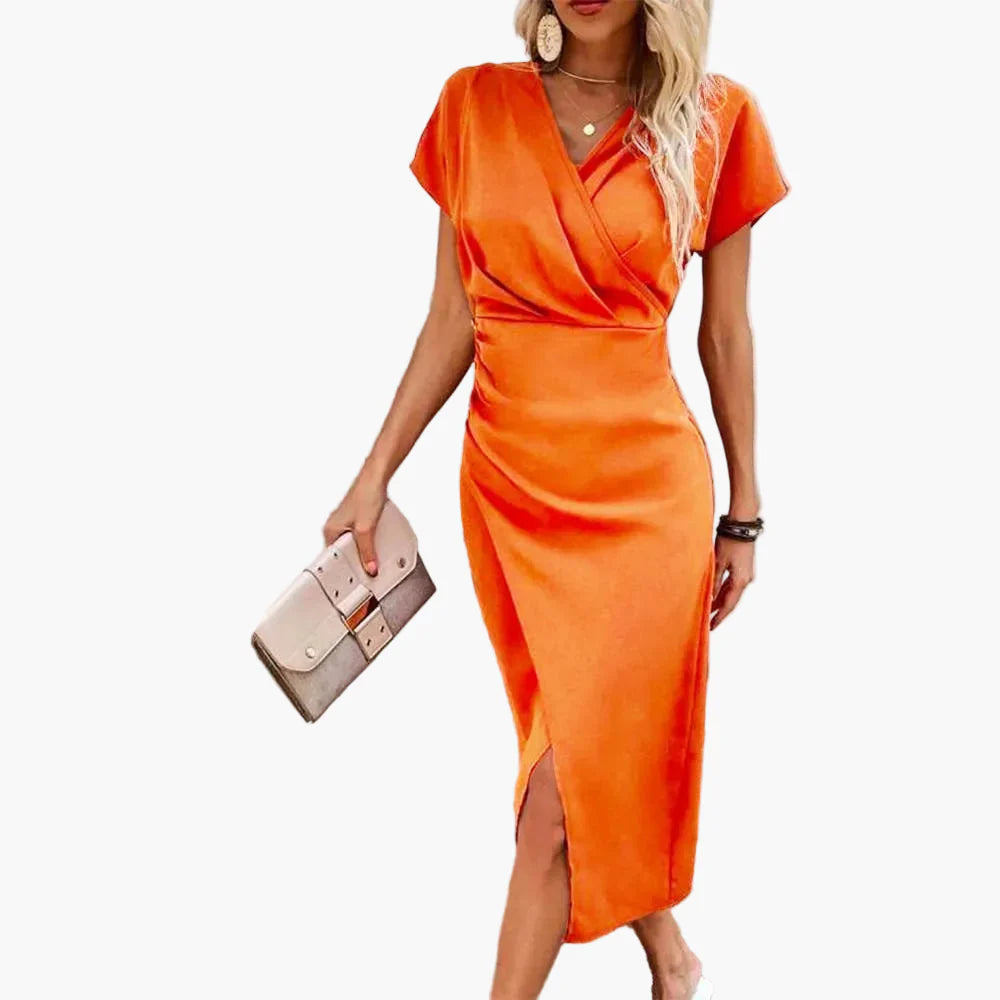 Vestito Midi Elegante a Maniche Corte da Donna Stile Incrociato Informale Ideale per Serata o Ufficio