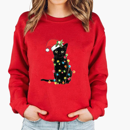 Sweatshirt Femme Style Noël avec Chat et Guirlandes Lumineuses – Idéal pour les Fêtes d’Hiver