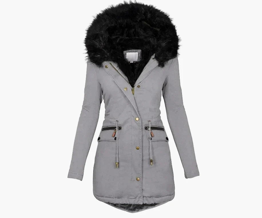 Manteau d’Hiver Femme Élégant à Capuche avec Fourrure – Style Européen Mi-Long pour Temps Froid