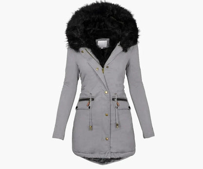 Manteau d’Hiver Femme Élégant à Capuche avec Fourrure – Style Européen Mi-Long pour Temps Froid