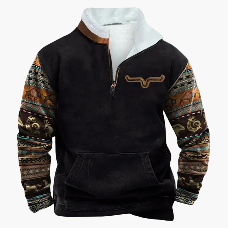 Sweat-shirt polaire homme style western à col zippé – Motifs ethniques et bisons