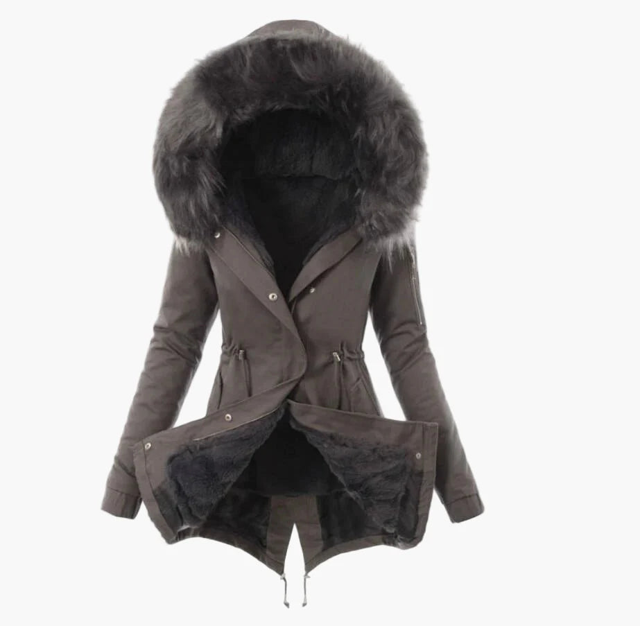 Manteau d'hiver femme élégant à capuche large fourrée style urbain chaud