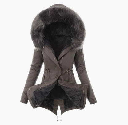 Manteau d'hiver femme élégant à capuche large fourrée style urbain chaud