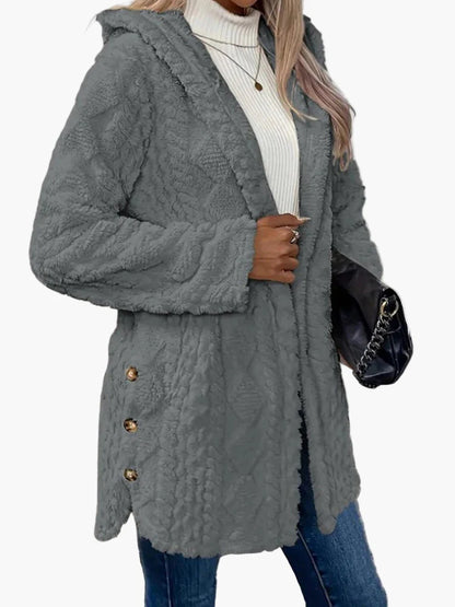 Veste doudou femme style décontracté avec capuche et boutons décoratifs – Idéale pour l'automne et l'hiver