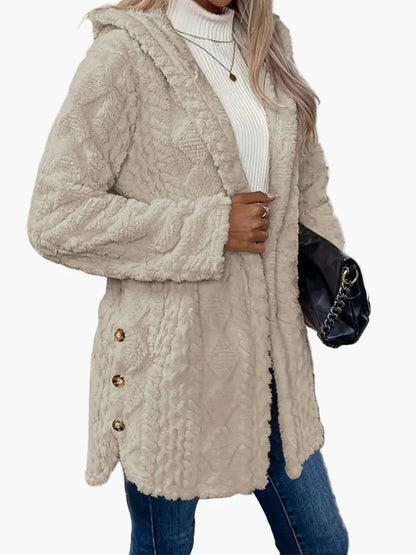 Veste doudou femme style décontracté avec capuche et boutons décoratifs – Idéale pour l'automne et l'hiver