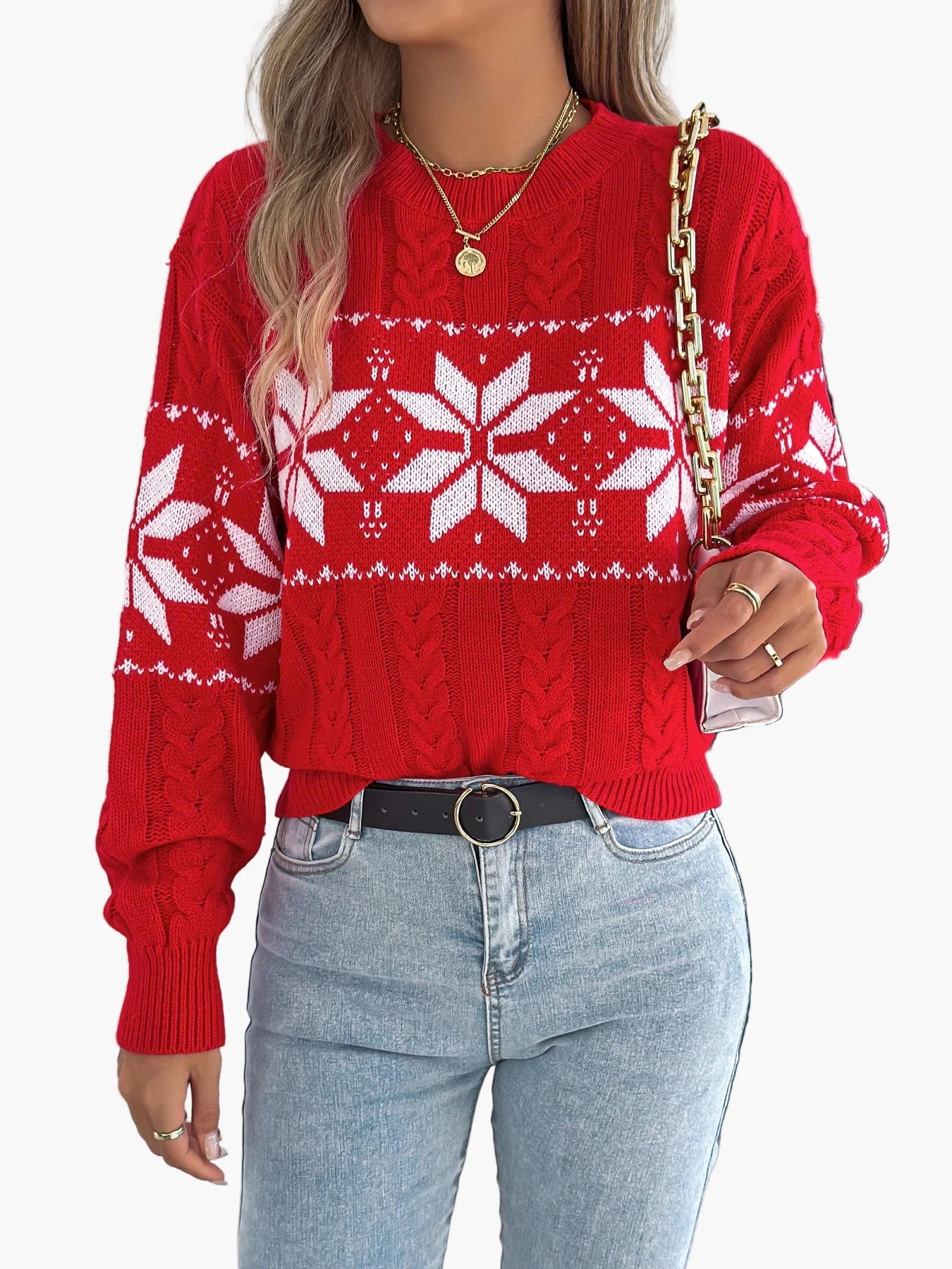 Pull de Noël femme style nordique à motif flocon, idéal pour l'hiver et les fêtes
