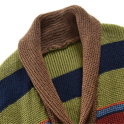 Stanley – Cardigan à Rayures Multicolores pour Homme – Tricot Rétro avec Col en V et Fermeture à Boutons