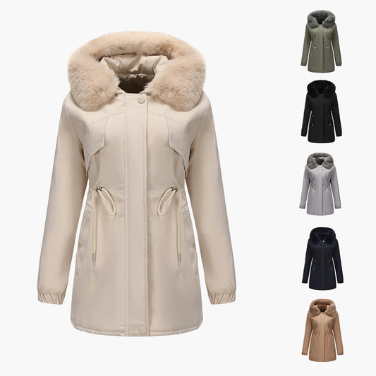 Manteau d'hiver à capuche pour femme, style élégant avec col en fausse fourrure