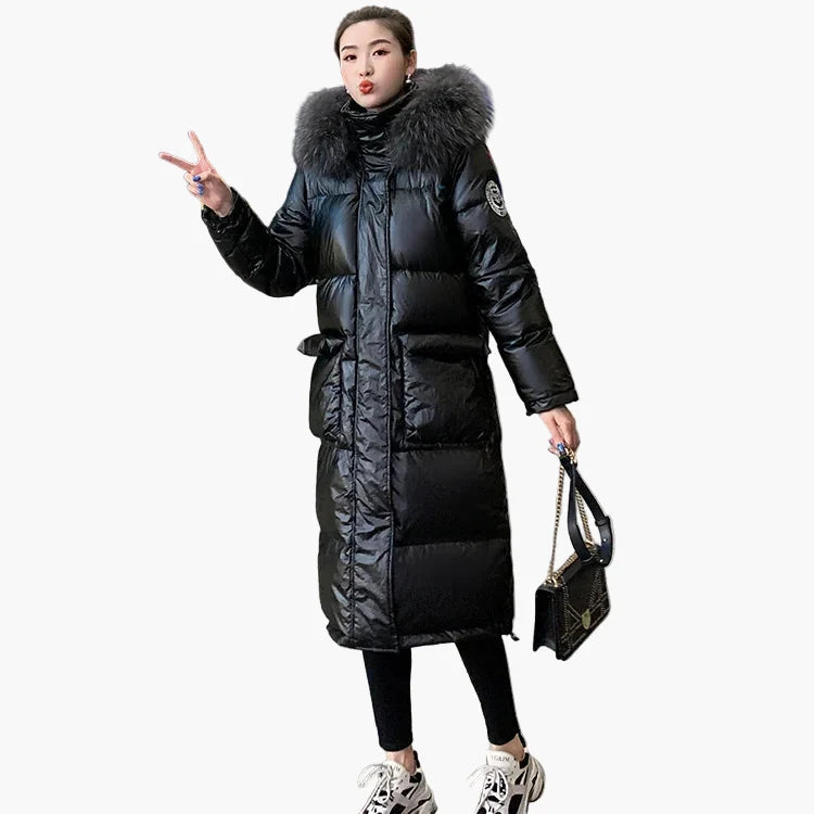 Manteau doudoune longue femme style urbain chic avec capuche à fourrure – Idéal pour l'hiver