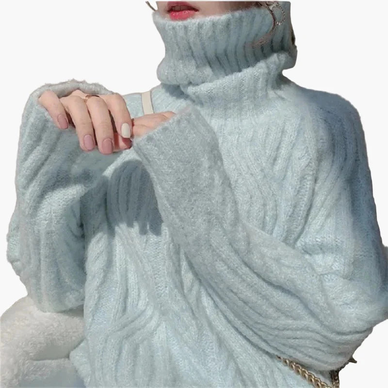 Pull col montant ample style coréen pour femme – Mode automne hiver, look doux et élégant