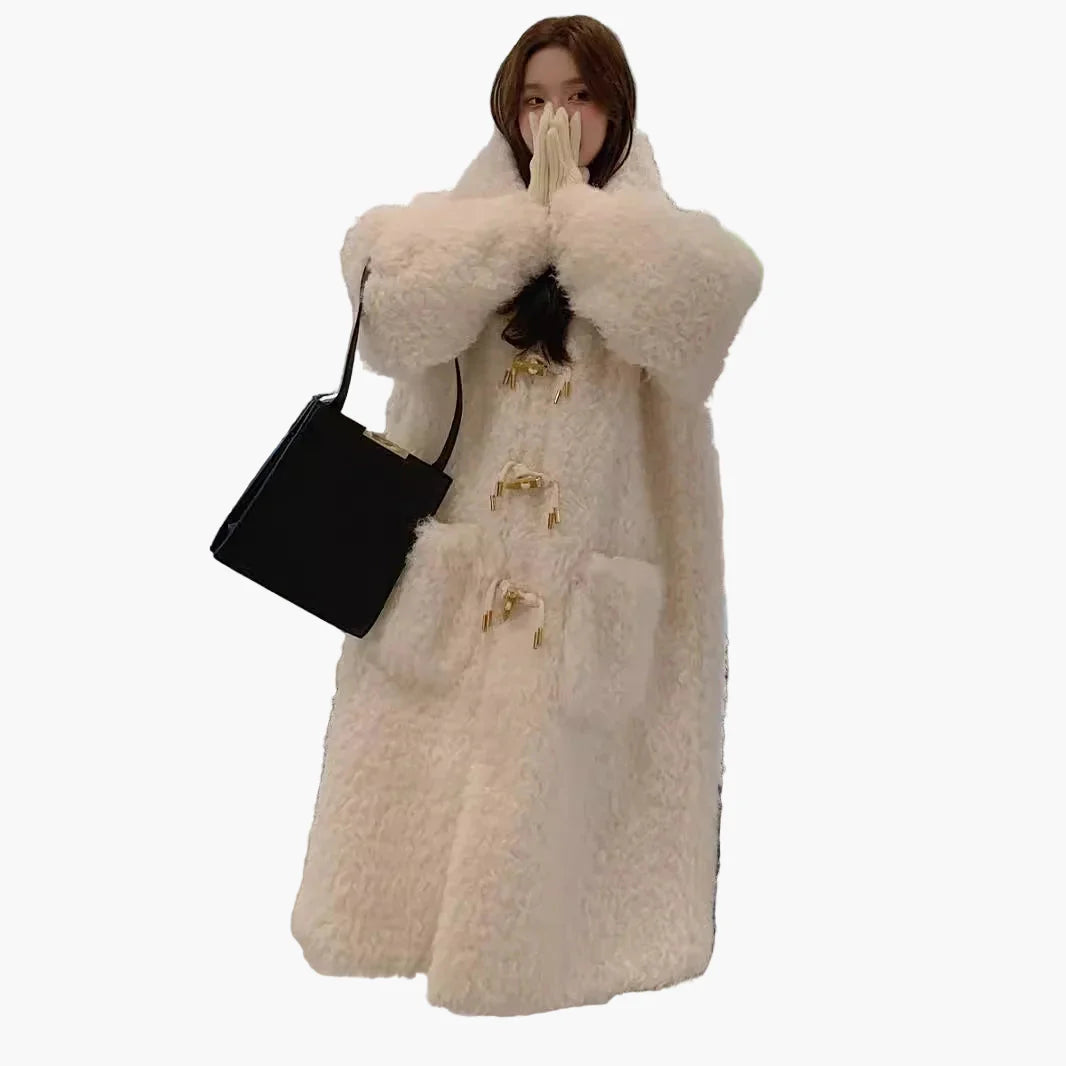 Manteau long d'hiver femme style surdimensionné à capuche, look peluche élégant