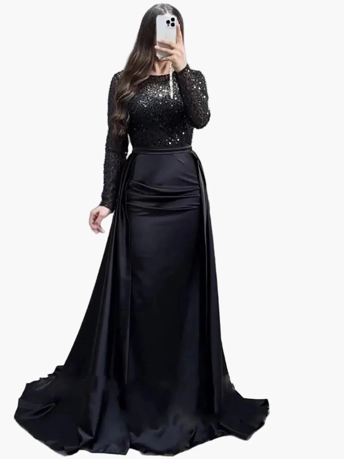Robe de soirée femme élégante à manches longues style gala, chic et glamour pour événements formels