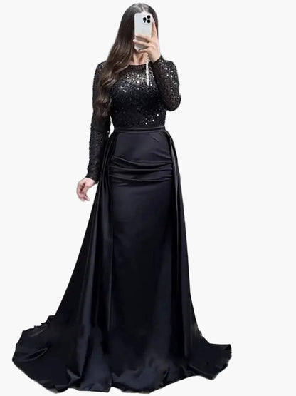 Robe de soirée femme élégante à manches longues style gala, chic et glamour pour événements formels