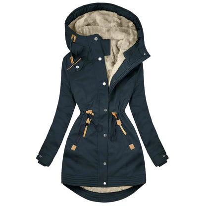 Veste imperméable femme à capuche style trench, doublure chaude, coupe longue tendance, manteau coupe-vent urbain