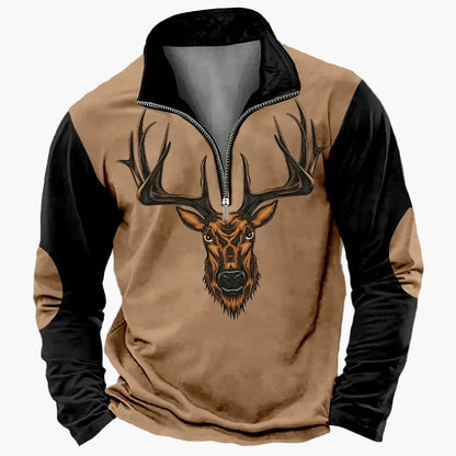 Sweat-shirt Homme Demi-zip Style Chasse Motif Cerf – Décontracté et Tendance