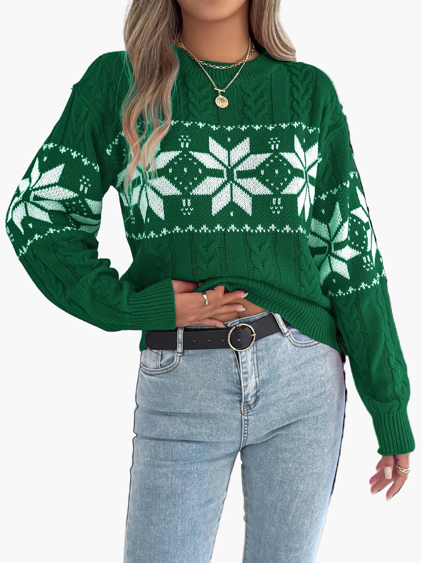 Pull de Noël femme style nordique à motif flocon, idéal pour l'hiver et les fêtes