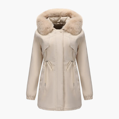 Manteau d'hiver à capuche pour femme, style élégant avec col en fausse fourrure