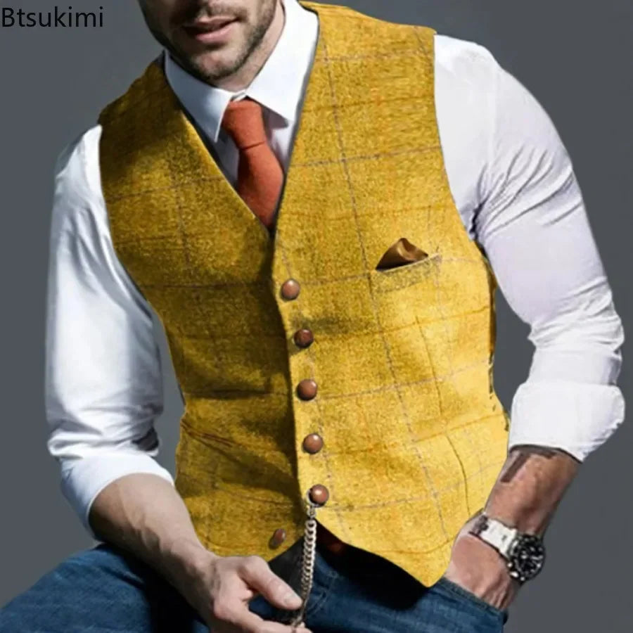 Bruce – Gilet Formel en Tweed à Carreaux pour Homme avec Col en V