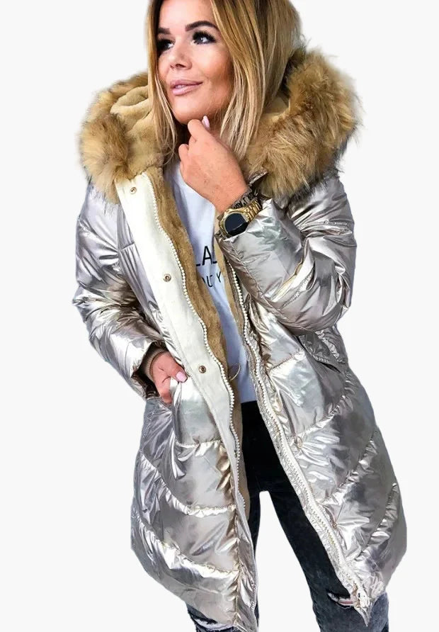 Manteau d'hiver épais style européen et américain pour femme – Capuche à fourrure, coupe longue, look moderne