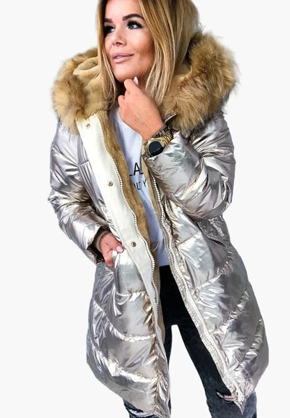 Manteau d'hiver épais style européen et américain pour femme – Capuche à fourrure, coupe longue, look moderne