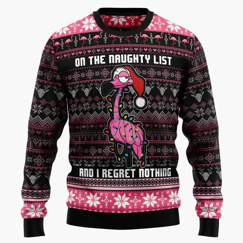 Pull de Noël fantaisie unisexe style "Ugly Christmas Sweater" avec flamants roses et message humoristique