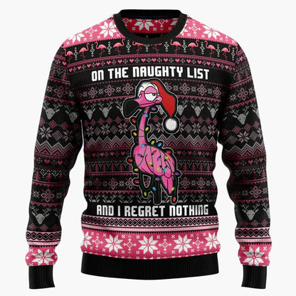Pull de Noël fantaisie unisexe style "Ugly Christmas Sweater" avec flamants roses et message humoristique