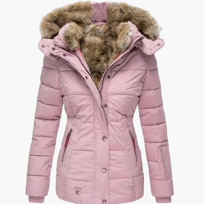 Manteau d'hiver femme à capuche style urbain élégant, coupe cintrée, col fourrure et fermeture zippée