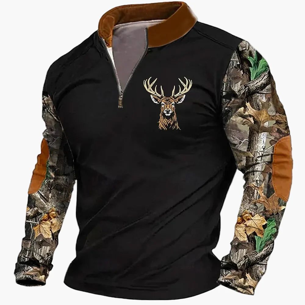 Sweat-shirt Homme Demi-zip Style Chasse Motif Cerf – Décontracté et Tendance