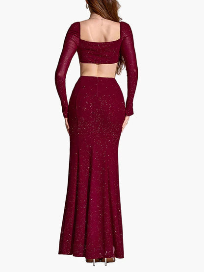 Robe de soirée élégante fendue à manches longues pour femme, style gala et événement