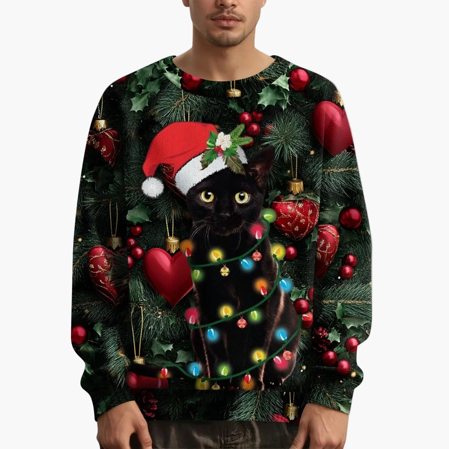 Sweat-shirt de Noël homme motif chat avec pull tricoté – Style festif et original