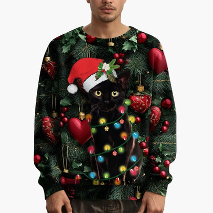 Sweat-shirt de Noël homme motif chat avec pull tricoté – Style festif et original