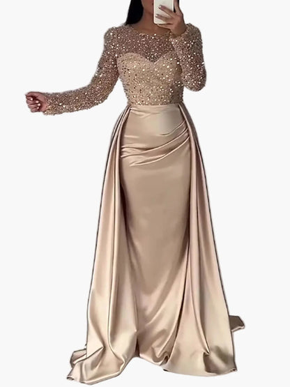 Robe de soirée femme élégante à manches longues style gala, chic et glamour pour événements formels