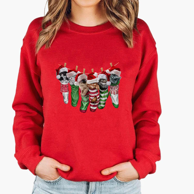 Sweatshirt Femme Style Noël avec Chat et Guirlandes Lumineuses – Idéal pour les Fêtes d’Hiver