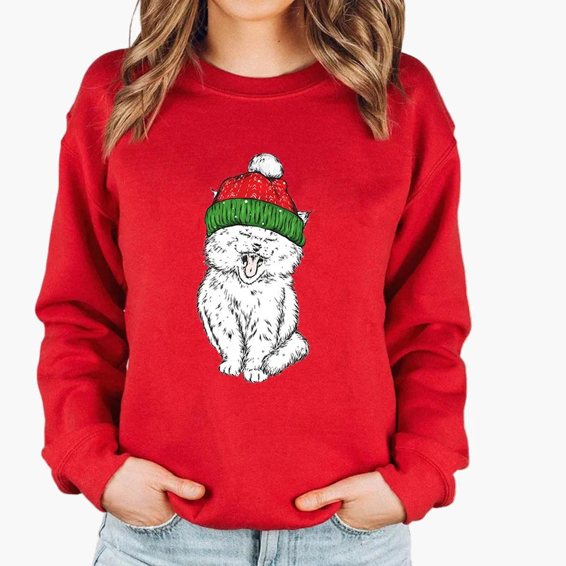 Sweatshirt Femme Style Noël avec Chat et Guirlandes Lumineuses – Idéal pour les Fêtes d’Hiver
