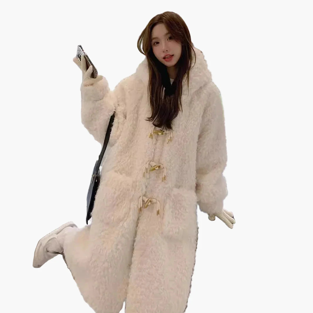 Manteau long d'hiver femme style surdimensionné à capuche, look peluche élégant