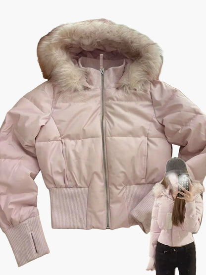 Veste doudoune femme style urbain à capuche, coupe cintrée et col en fausse fourrure pour l'automne et l'hiver