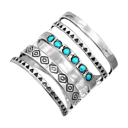 Robyn – Bague Bohème Multi-Bandes avec Accents Turquoise – Design Ethnique Vintage