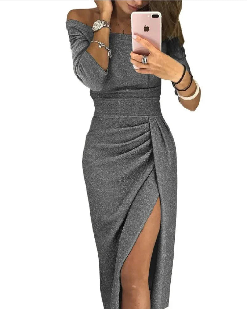 Robe de soirée femme élégante à épaules dénudées, fendue et plissée, style glamour pour occasions spéciales