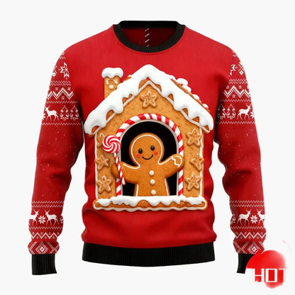 Pull de Noël homme style fun avec motifs pain d'épices et décorations festives pour fêtes