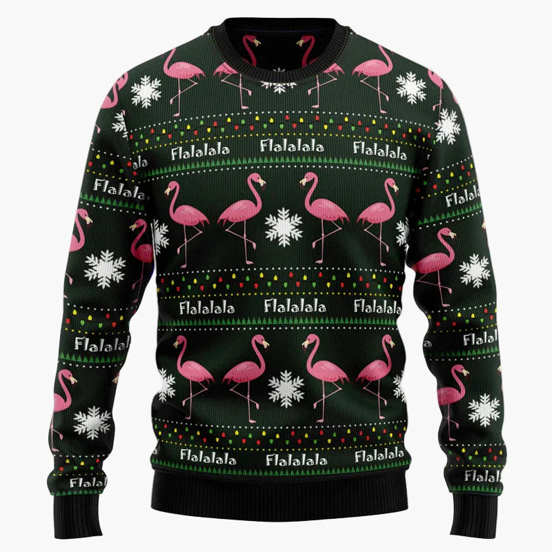 Pull de Noël fantaisie unisexe style "Ugly Christmas Sweater" avec flamants roses et message humoristique