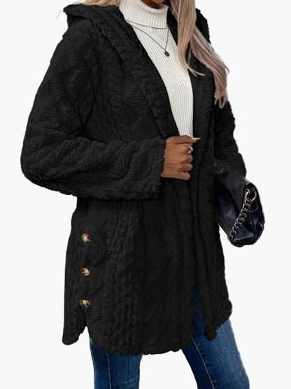 Veste doudou femme style décontracté avec capuche et boutons décoratifs – Idéale pour l'automne et l'hiver