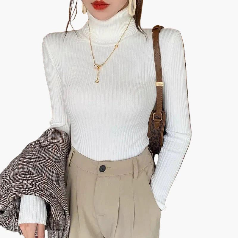 Pull col roulé côtelé à manches longues pour femme - Style élégant et polyvalent