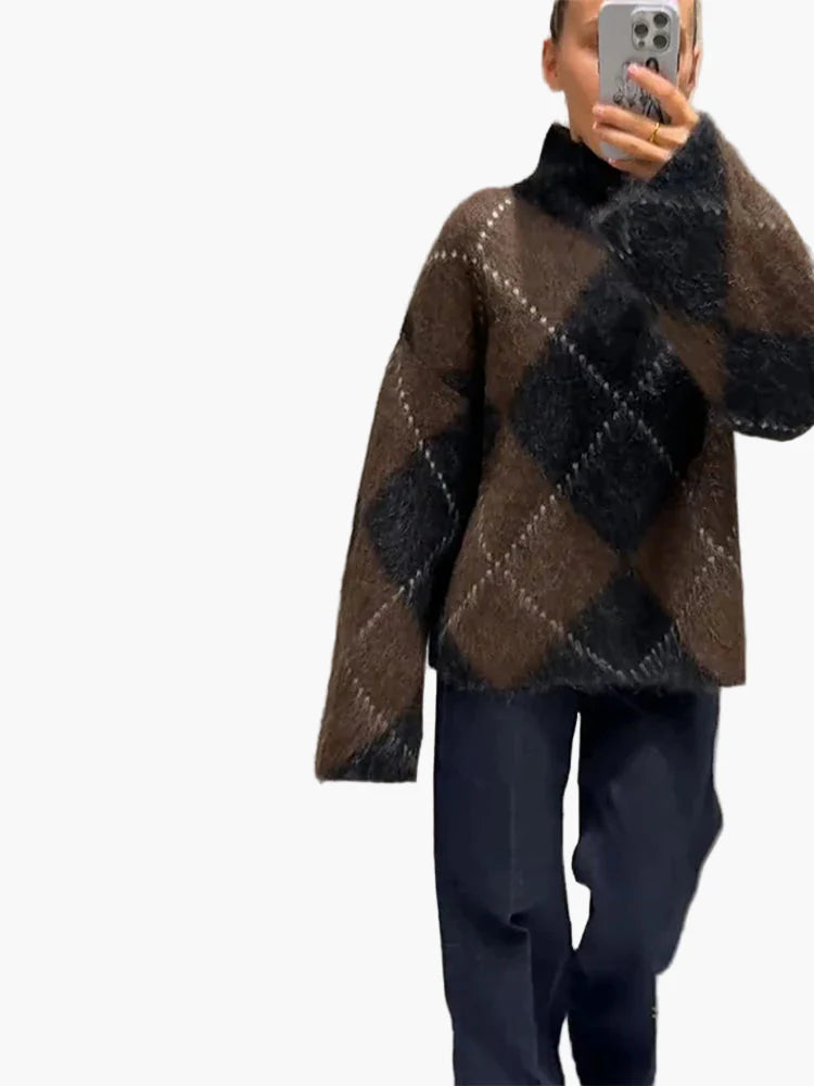 Pull oversize à motif losanges pour femme, style décontracté et tendance, idéal pour l'automne et l'hiver