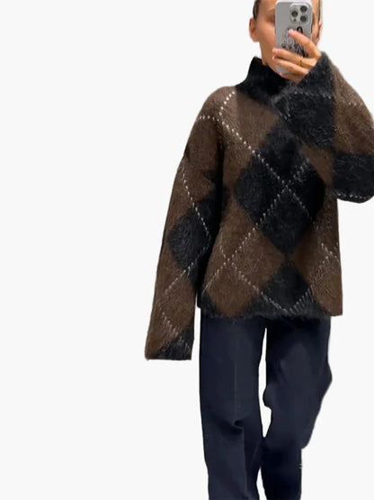 Pull oversize à motif losanges pour femme, style décontracté et tendance, idéal pour l'automne et l'hiver