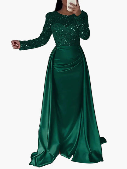 Robe de soirée femme élégante à manches longues style gala, chic et glamour pour événements formels