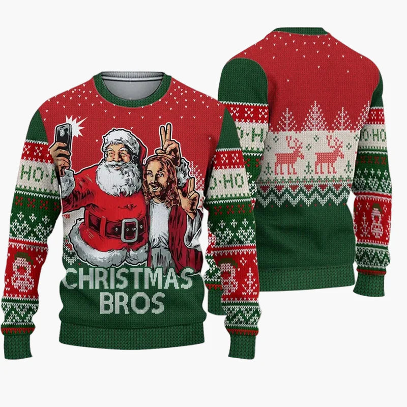Pull de Noël humoristique homme – Style Ugly Christmas Sweater "Christmas Bros" avec Père Noël et Jésus